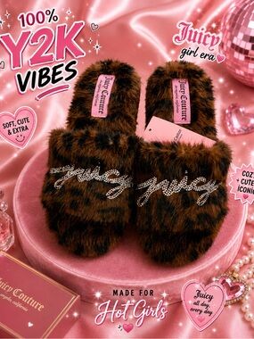 Juicy Couture Brown Faux Fur Crystal Script Slide Slippers